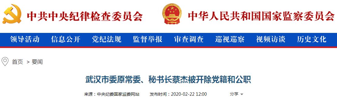 武汉市委原常委、秘书长蔡杰被开除党籍和公职并移送司法机关依法处理