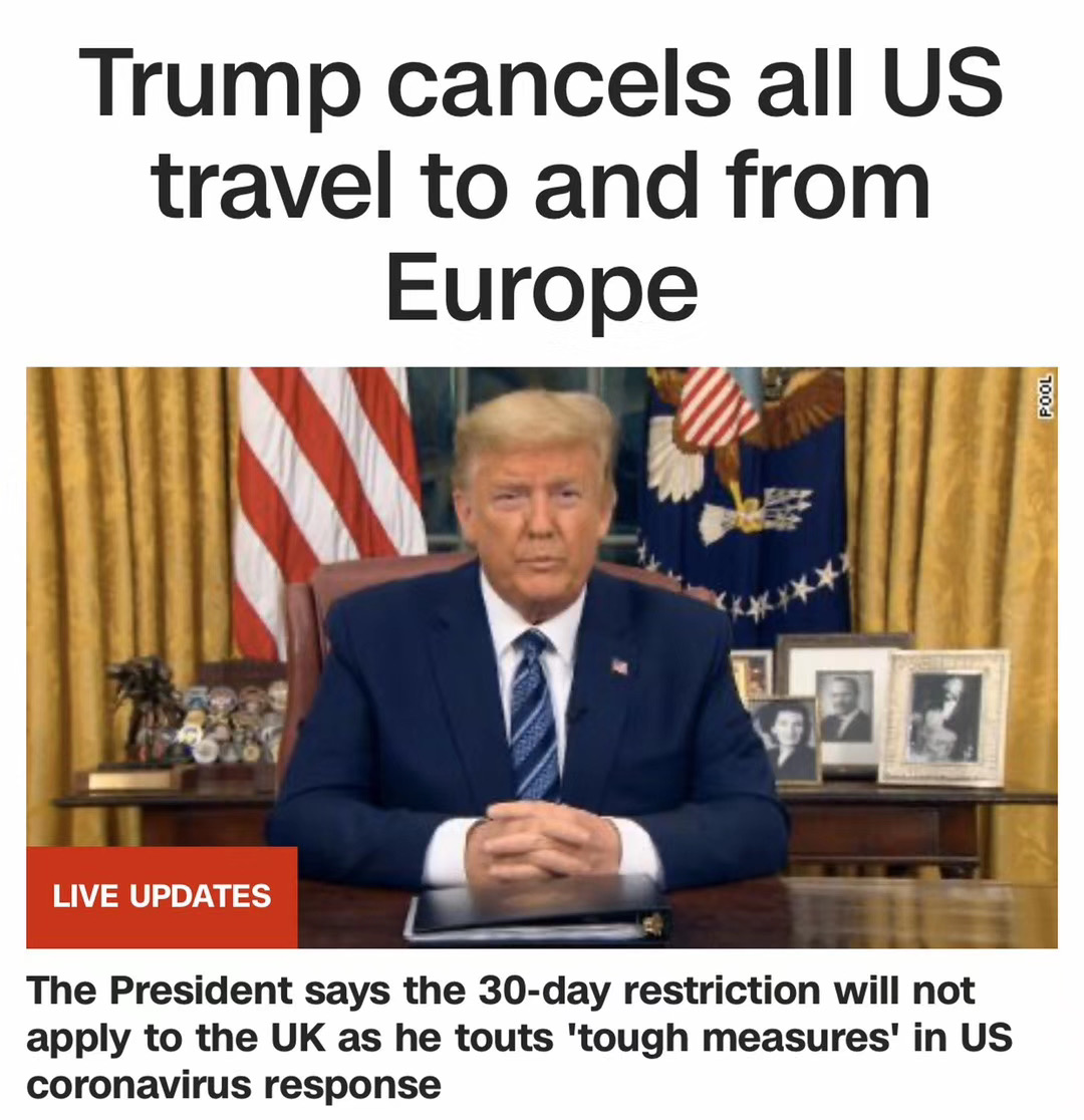 美国总统发表电视讲话,欧美停飞30天!加拿大,再添21例,达到118例。 好恐慌!